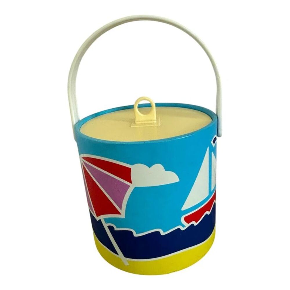 Vintage 1970s Retro Beach Vinyl Ice Bucket Lid Handle Sailboat Ocean Barware